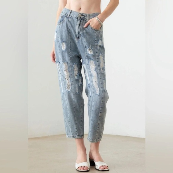 Light Blue Wash Barrel Leg High Waist Distressed Jeans - Picture 3 of 6